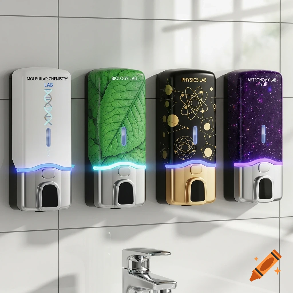 Four automatic wall-mounted soap dispensers with science lab themes (molecular chemistry, biology, physics, astronomy) on a tiled wall above a faucet.