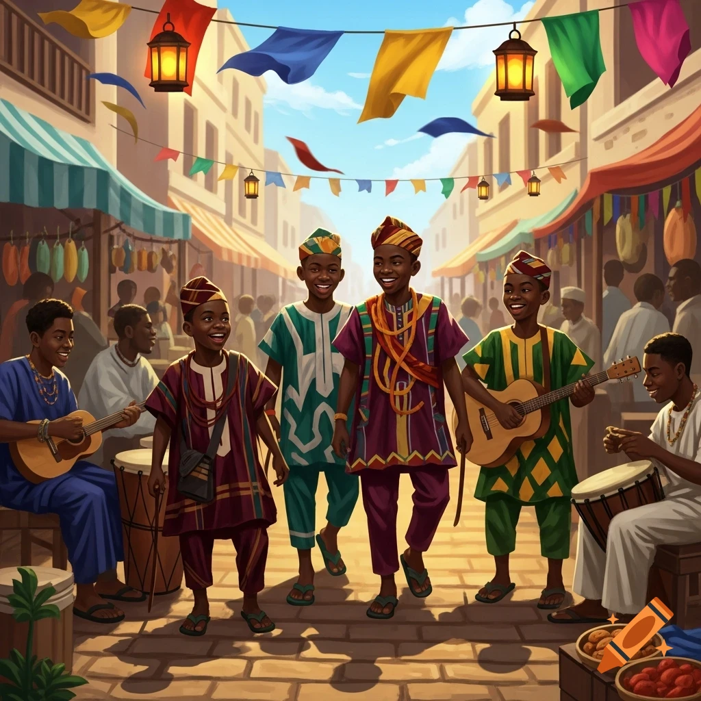 Vibrant illustration of a group of African boys smiling and playing music in a festive market street adorned with colorful banners.