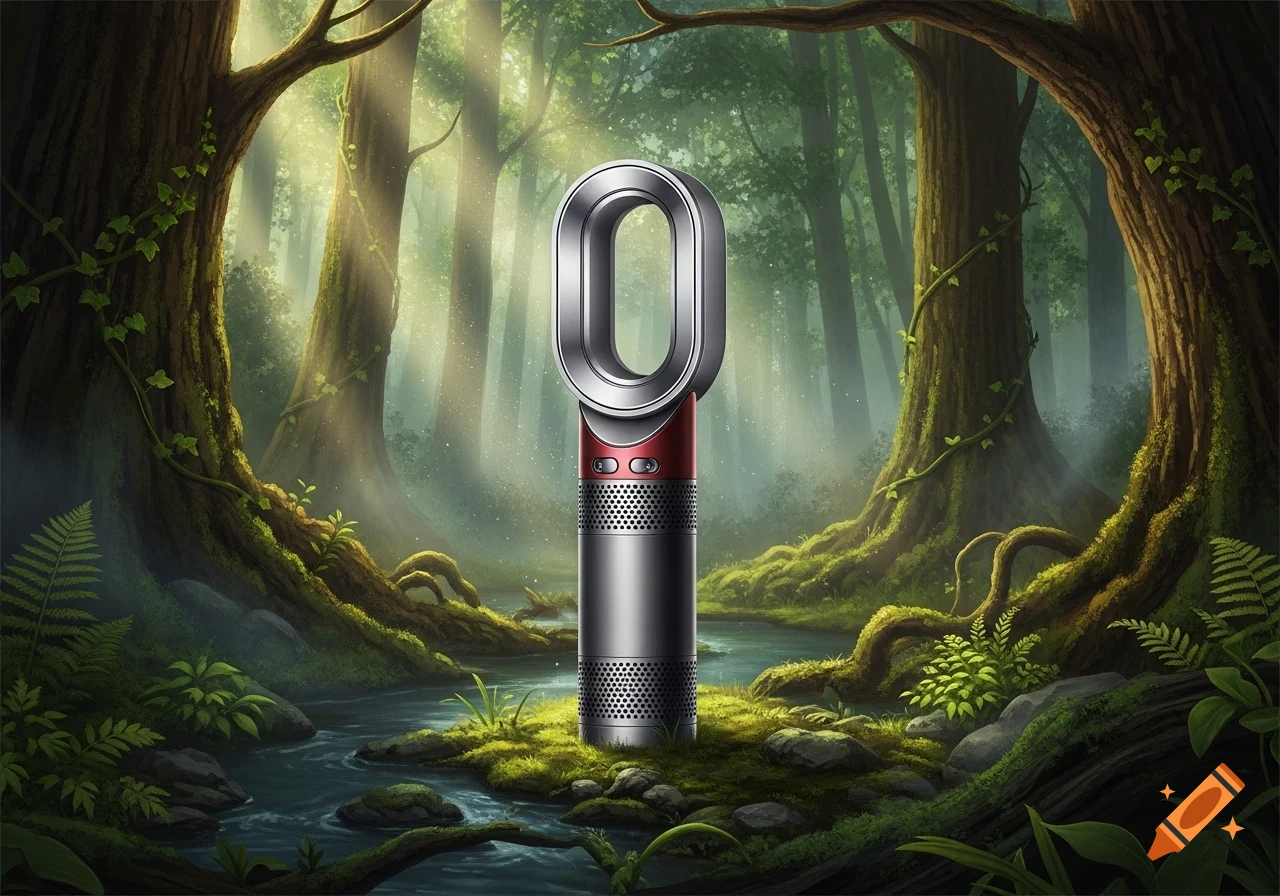 A sleek silver and red Dyson fan stands in a misty, lush green fantasy forest with a small stream.