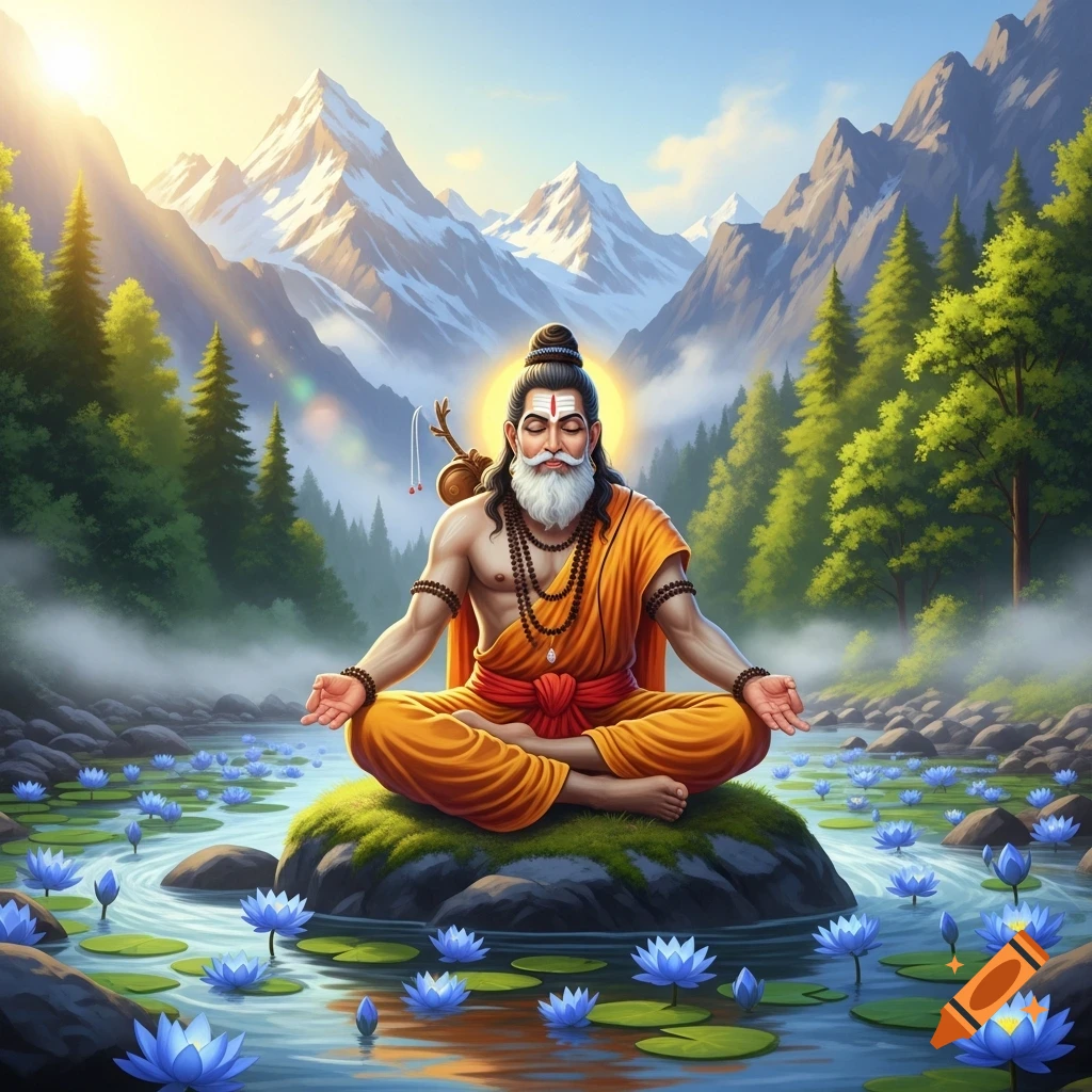 A sage with a white beard and topknot, wearing orange robes, meditates on a rock surrounded by blue lotus flowers in a river, with misty mountains and a sunrise in the background.
