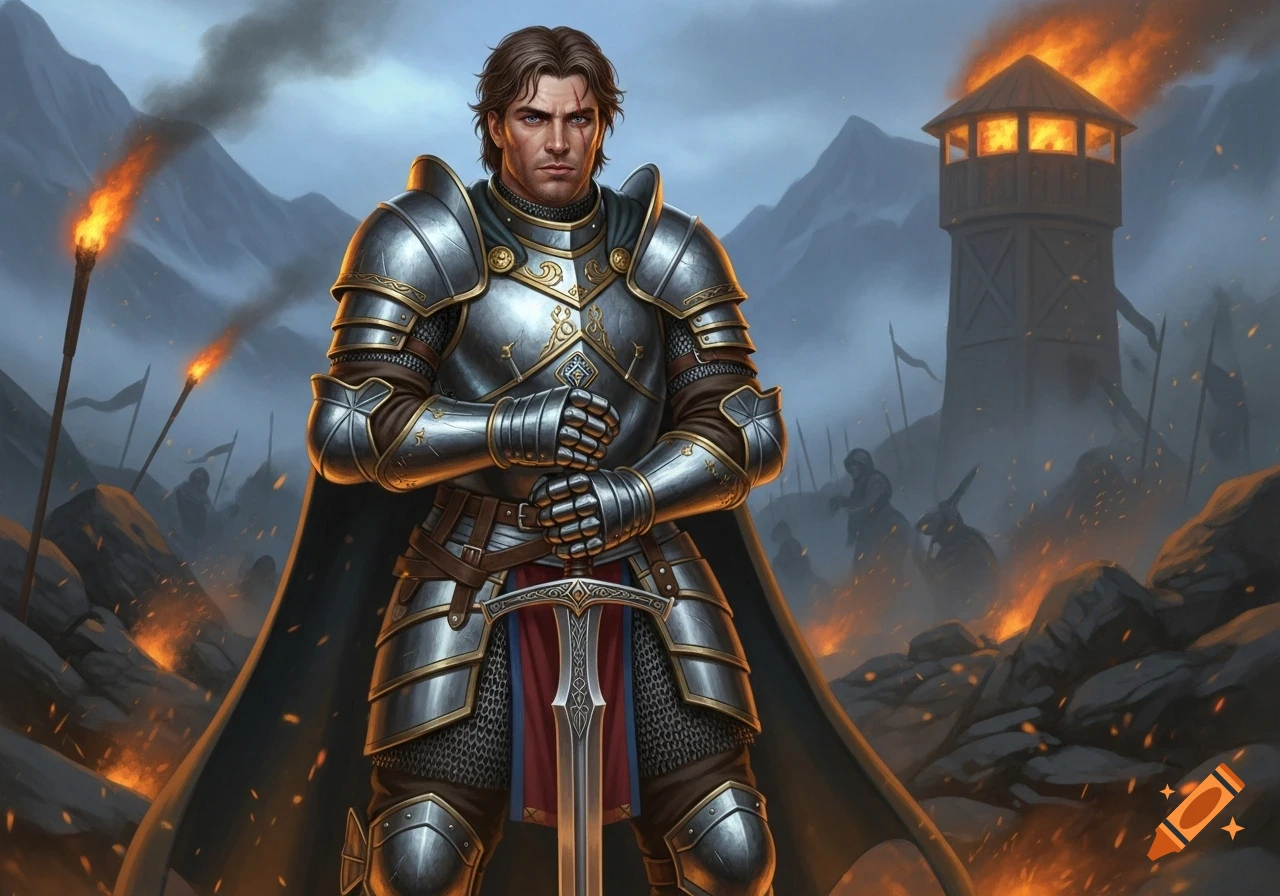 A stoic male knight in ornate silver armor holds a sword on a smoky battlefield with a burning tower and mountains.
