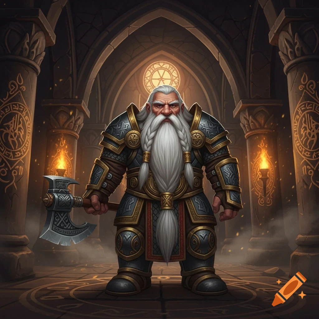 A strong dwarf with a long white braided beard and armor stands holding an axe in a torch-lit stone hall.