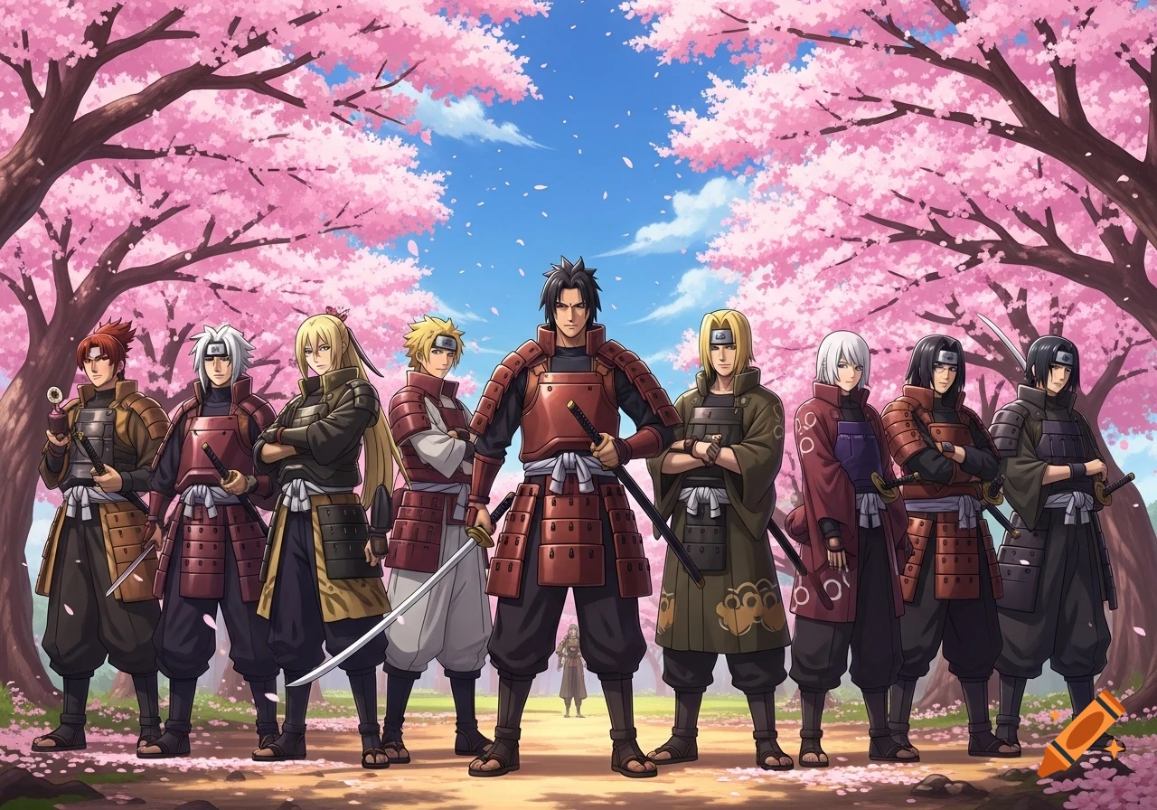 An anime illustration of nine samurai-like warriors standing together under vibrant pink cherry blossom trees.