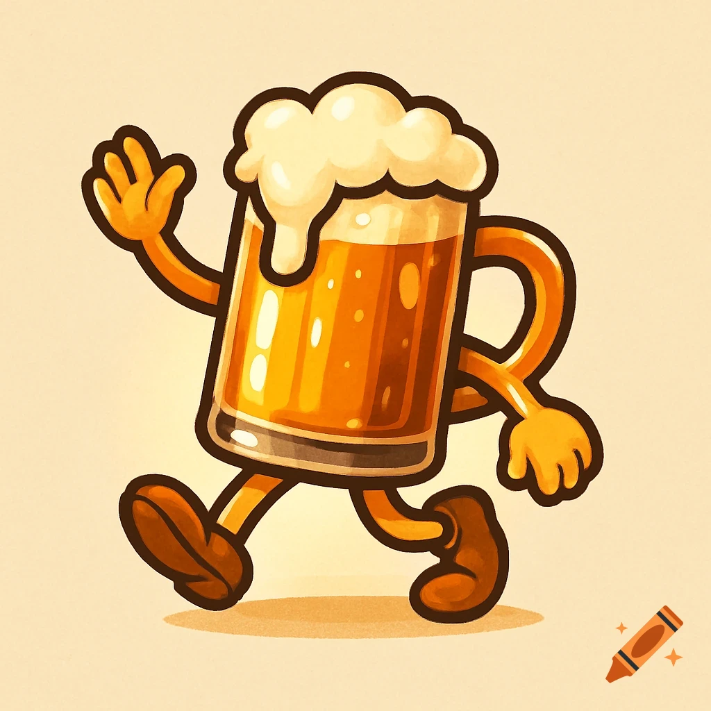 Cartoon beer mug mascot with arms and legs, walking and waving, on a light background.