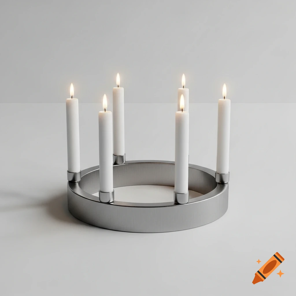 A modern, minimalist circular silver candle holder with six lit white candles on a light gray background.