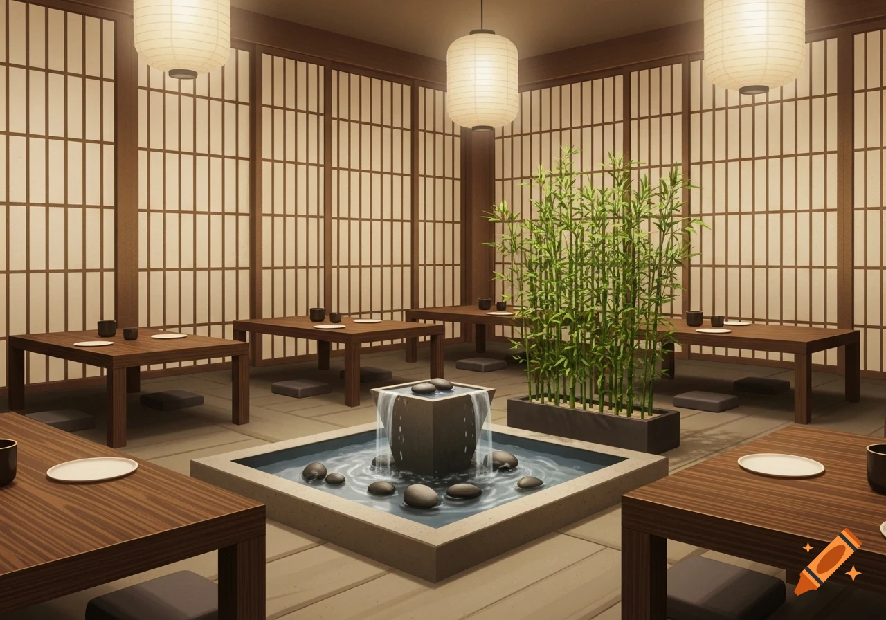 A serene Japanese-style restaurant with wooden tables, shoji screens, paper lanterns, a bamboo plant, and a square fountain with rocks.