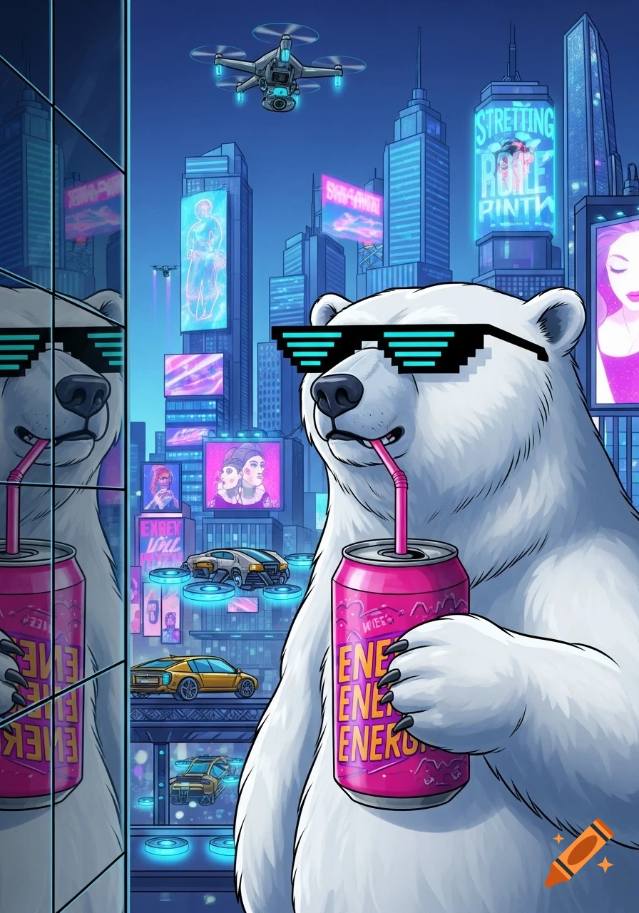 Cartoon polar bear in pixelated sunglasses drinking from a pink can in a futuristic city with flying vehicles and neon signs.