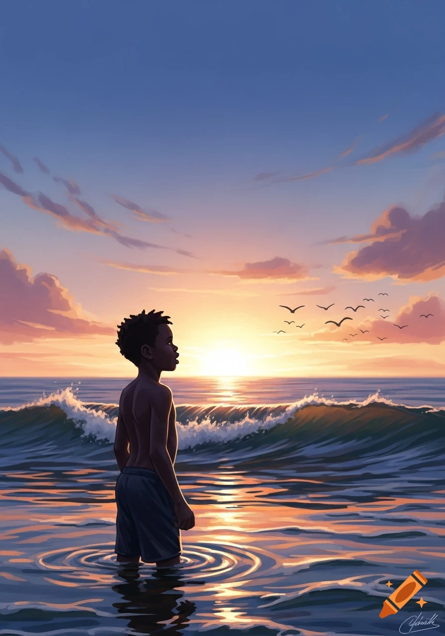 A young boy stands waist-deep in the ocean, gazing at a vibrant sunset over the waves with birds flying in the distance.