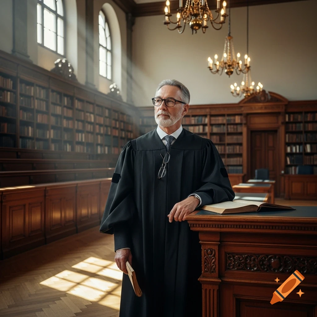 A distinguished older man in a black judicial robe stands in a grand library or courtroom, leaning on a wooden podium. Photorealistic style.