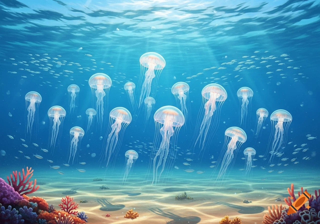 A vibrant underwater scene with numerous jellyfish floating above a sandy seabed with colorful coral reefs and schools of small fish, bathed in sunlight from above.