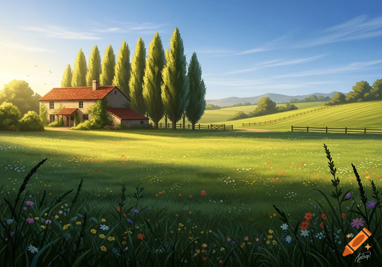 A serene landscape painting of a stone farmhouse with a red roof, surrounded by tall trees and lush green fields under a blue sky.