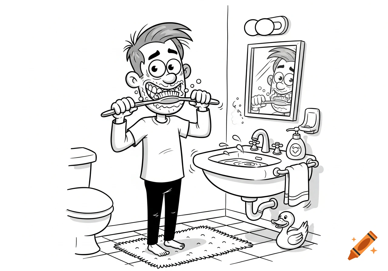 A black and white cartoon shows a man vigorously brushing his teeth in a bathroom, with suds flying.