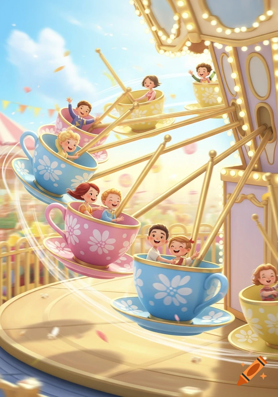 Colorful illustration of children joyfully riding a spinning teacup attraction at an amusement park under a bright sky.