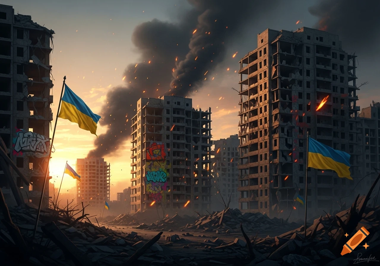 A dramatic scene of a war-torn city at sunset with destroyed buildings, smoke, and fires, with Ukrainian flags flying amidst the rubble.