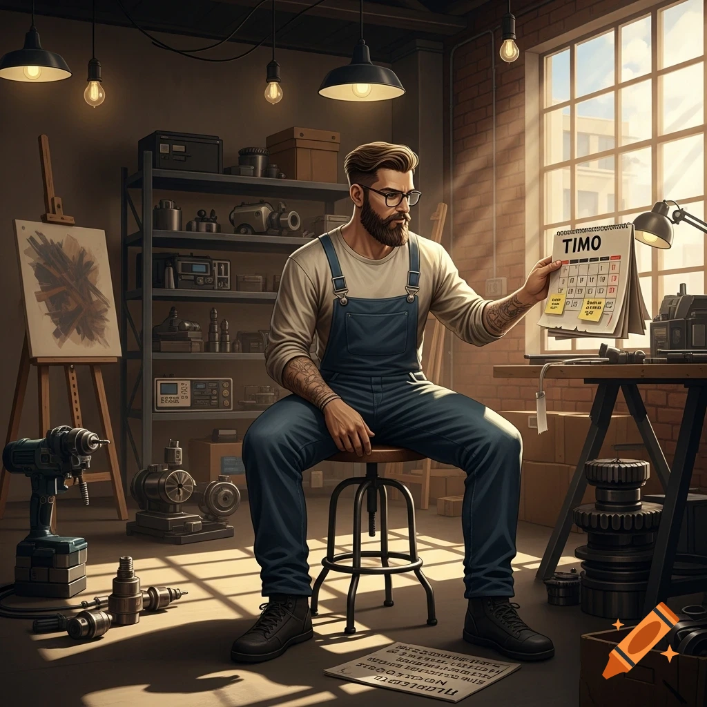 A man with a beard and glasses sits in a sunlit workshop, holding a calendar. Tools and machinery are around him in the photorealistic image.