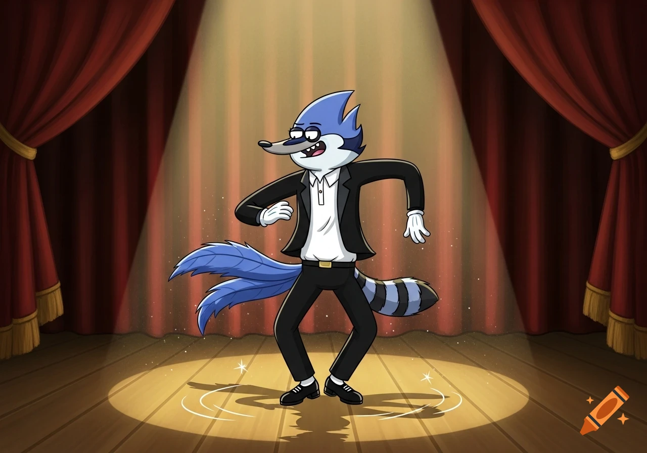 Mordecai from Regular Show tap dancing in a suit and gloves on a spotlighted wooden stage with red curtains.
