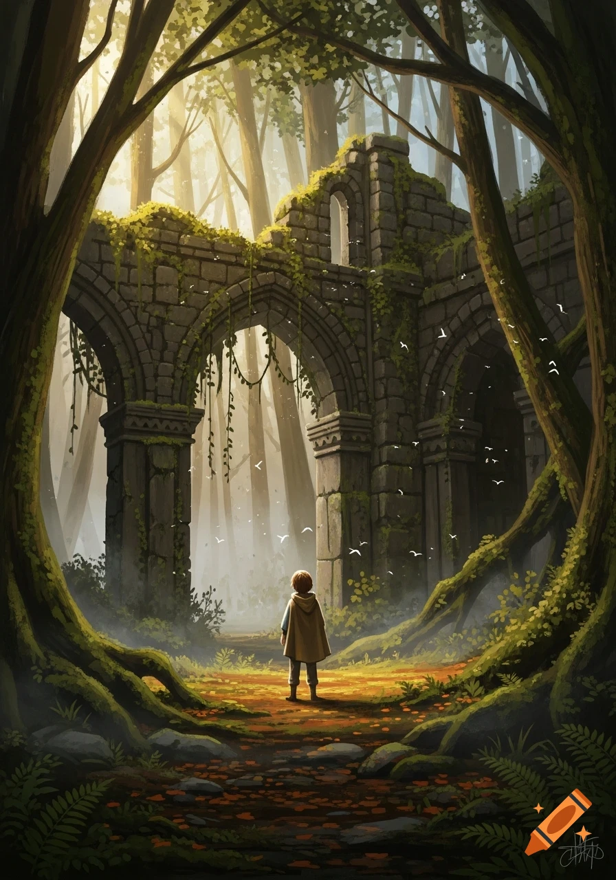 A child in a cloak stands before moss-covered ruins in a sunlit, misty forest, illustrated in a fantasy style.