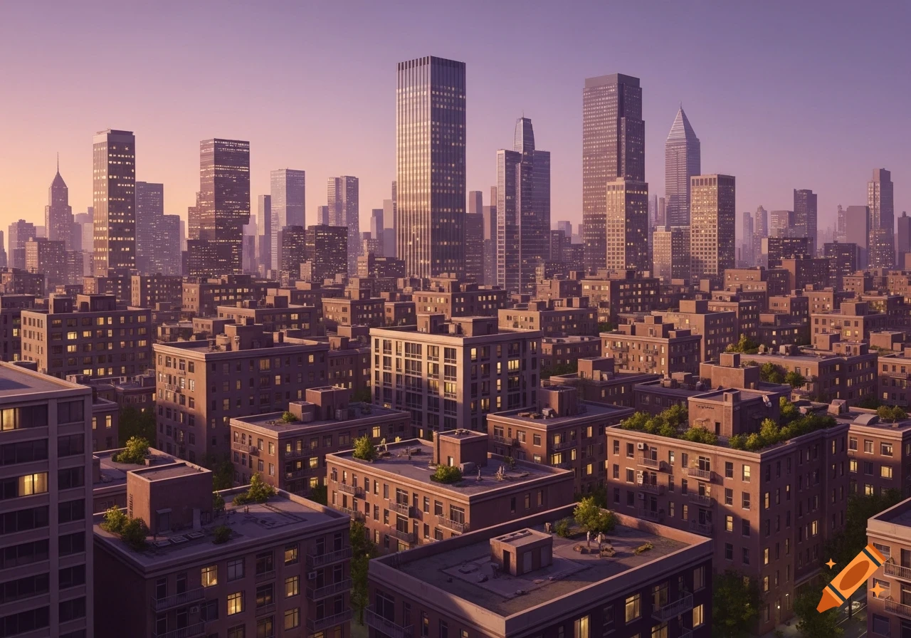 An aerial view of a bustling city skyline with numerous apartment buildings and skyscrapers under a warm, pastel sky at dawn or dusk.