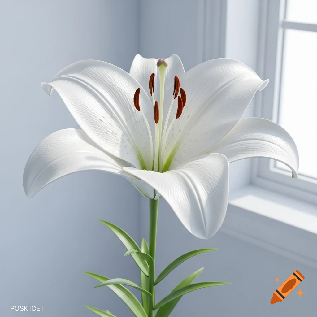 A detailed white lily with a green stem and leaves stands against a light blue background with a blurred window. Photorealistic style.