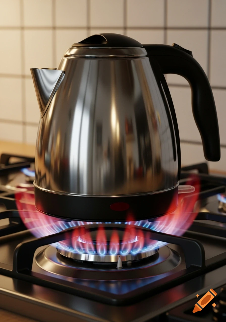 A photorealistic image of a shiny silver electric kettle on a gas stove with blue and red flames burning underneath.