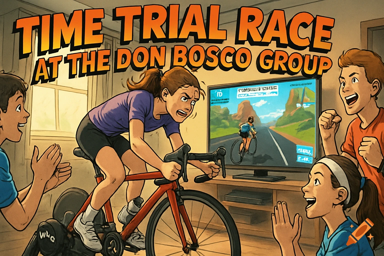 A girl intensely cycles a stationary bike in a comic style, watching a virtual race on a TV while three other kids cheer her on.