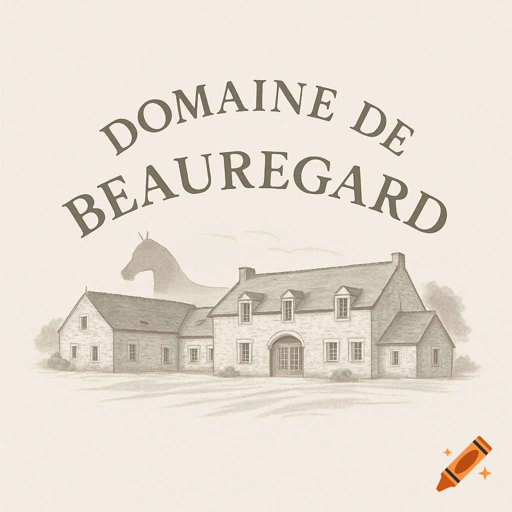 Elegant monochrome logo with stone buildings, a horse silhouette, and 'Domaine de Beauregard' text.