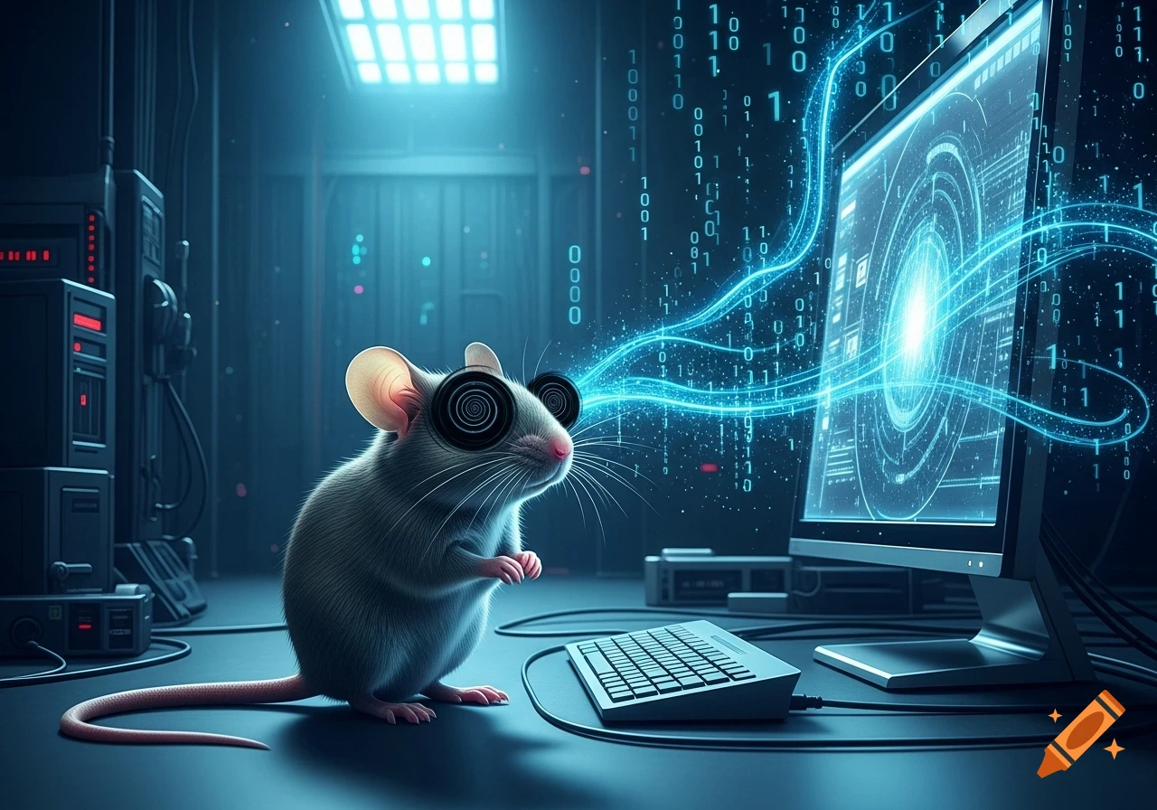Esoteric Mouse Computer A furry mouse with concentric circle eyes sits at a computer ...