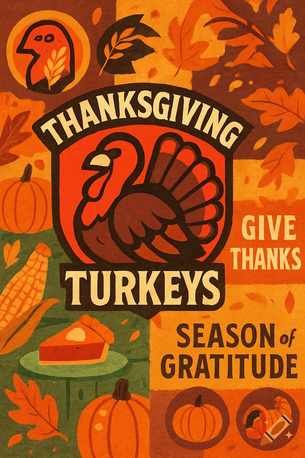 A vibrant, collage-style Thanksgiving poster featuring a turkey logo, pumpkins, pie, corn, and autumn leaves, with gratitude text.