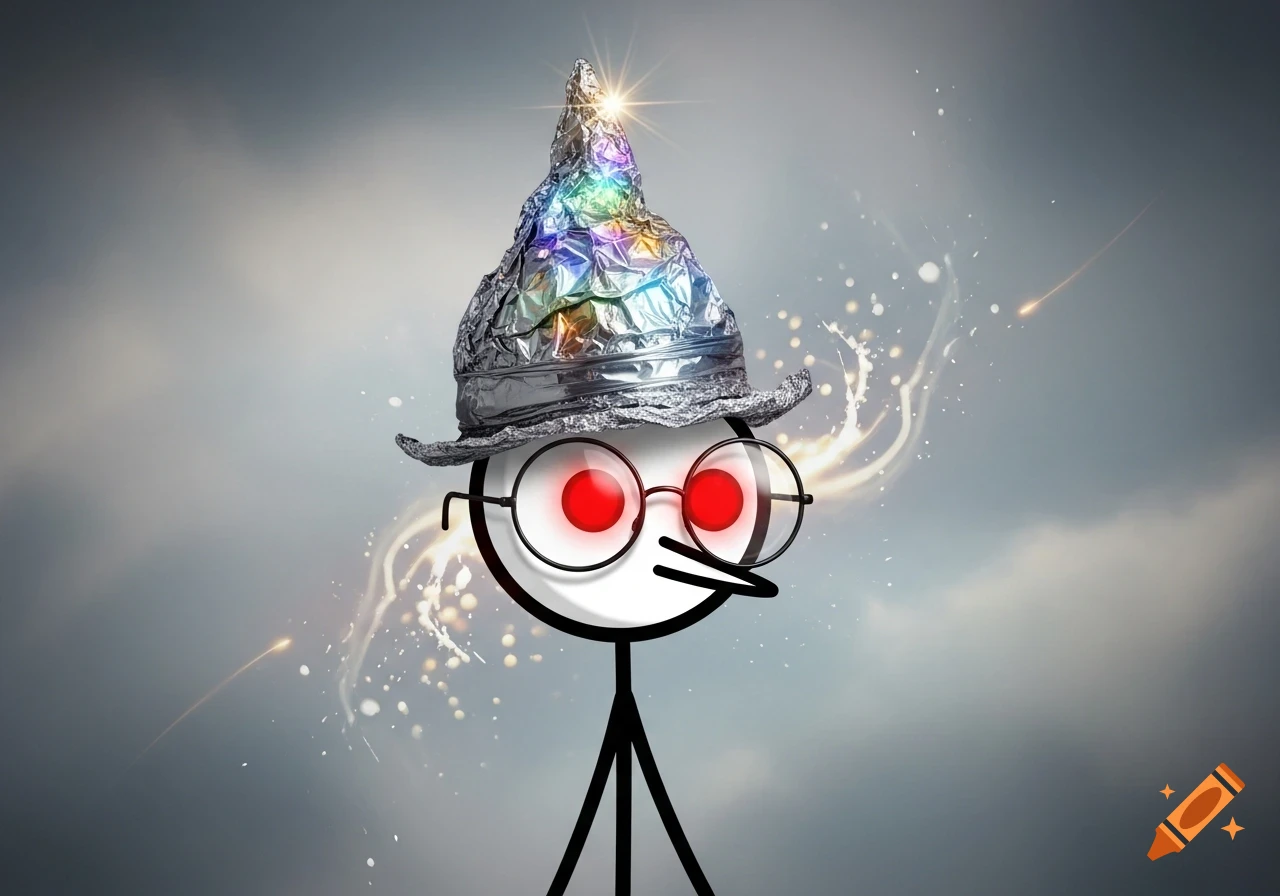 A stick figure wearing round glasses with red eyes and a shiny tinfoil hat against a grey background with sparkling light.