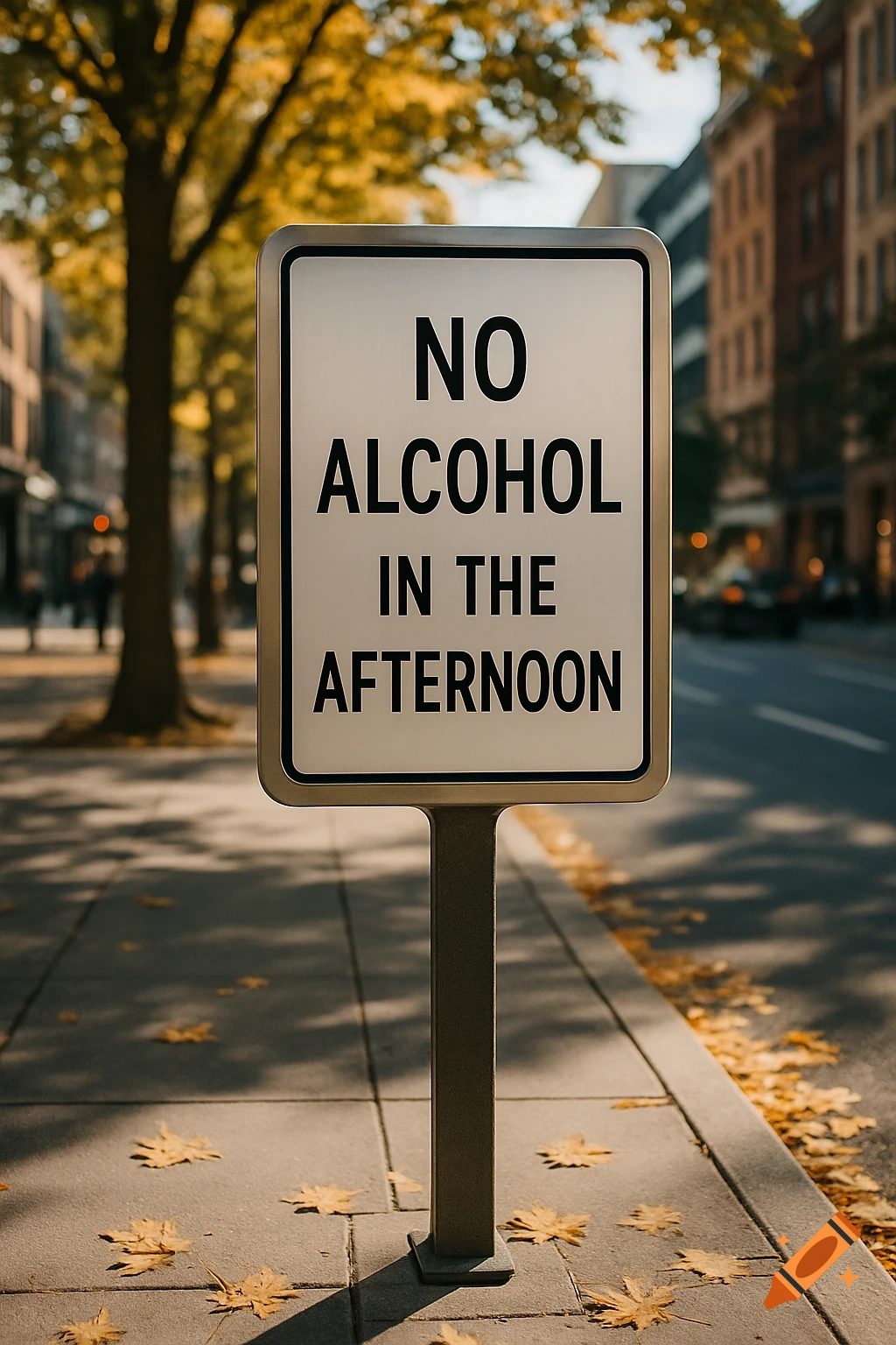 A white street sign with black text reading 'NO ALCOHOL IN THE AFTERNOON' stands on a sidewalk littered with autumn leaves, with blurred trees and buildings in the background.