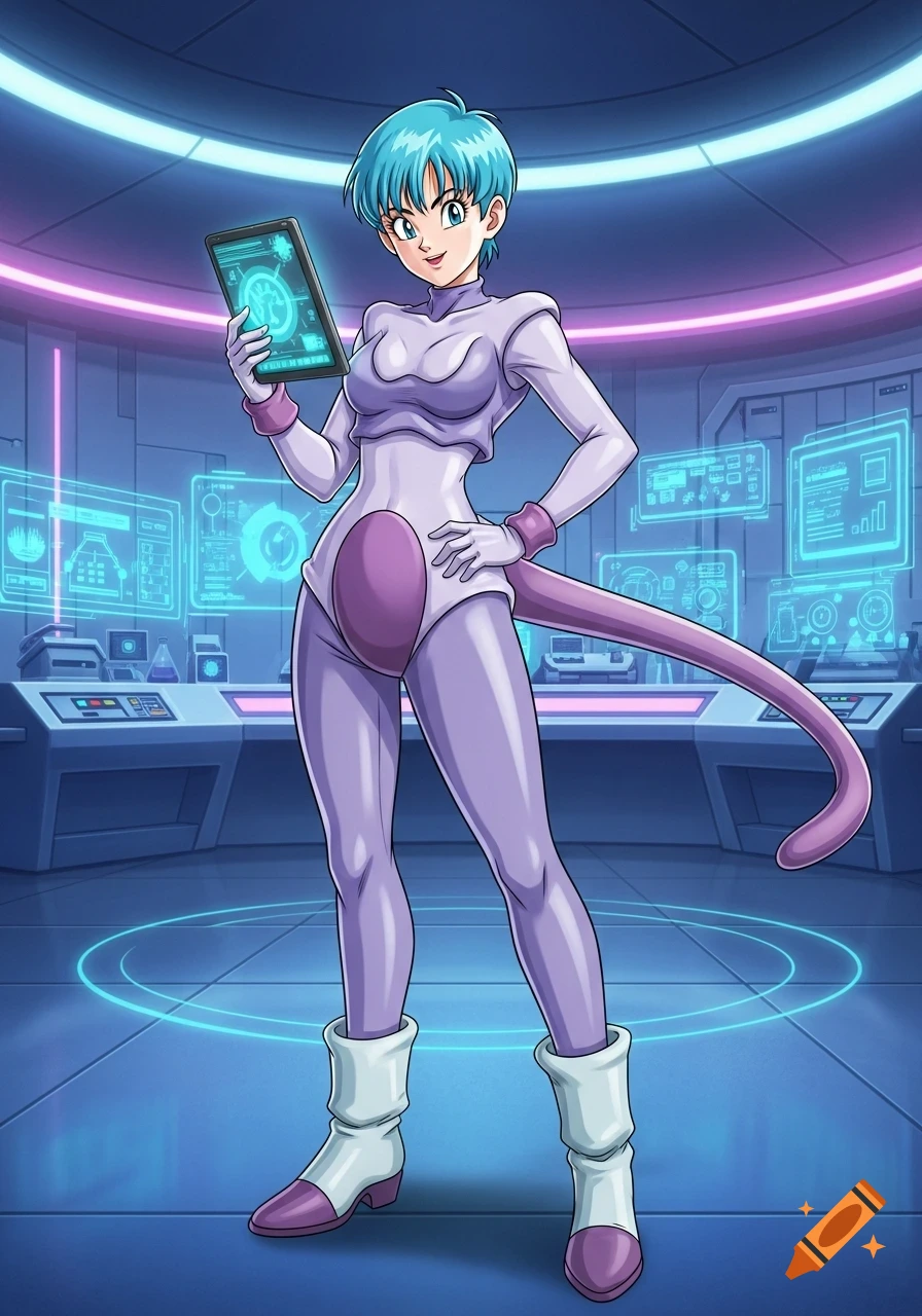 Anime woman with blue hair, dressed in a purple Mewtwo-inspired suit with a tail, holds a tablet in a sci-fi lab.
