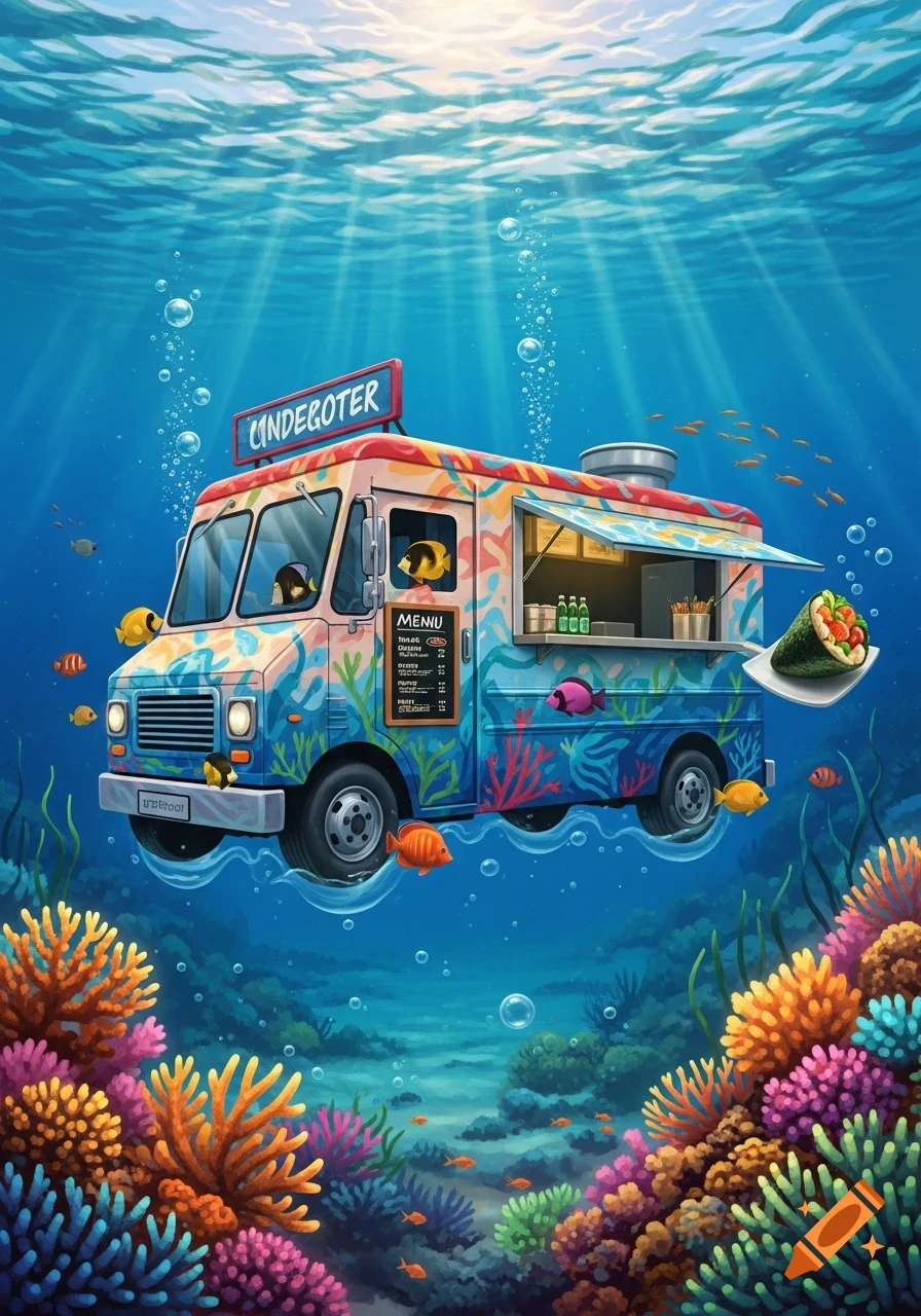 A whimsical food truck decorated with coral patterns floats underwater amidst a vibrant coral reef and colorful fish, with light rays from the surface.