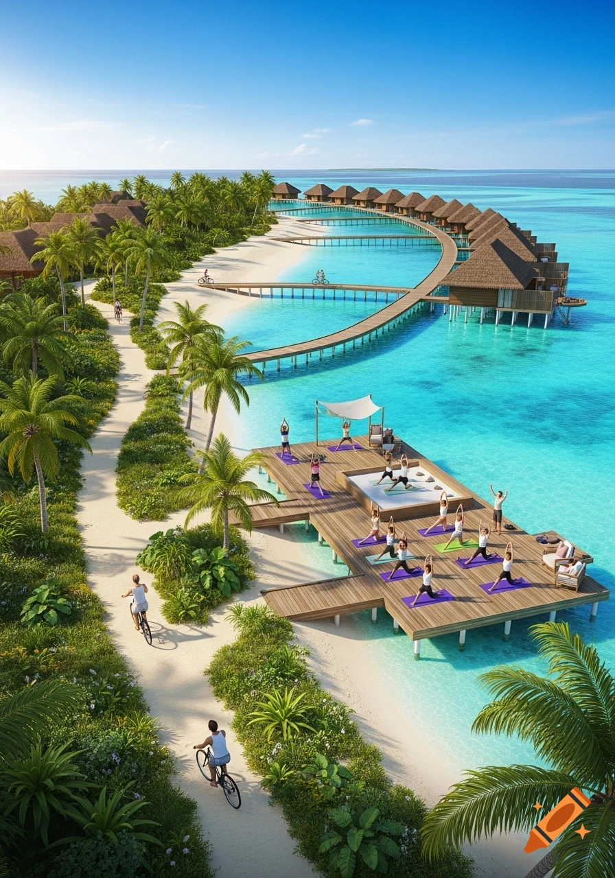 Photorealistic aerial view of a luxurious tropical island resort with overwater bungalows, jetties, a white sand beach, and people cycling and doing yoga.