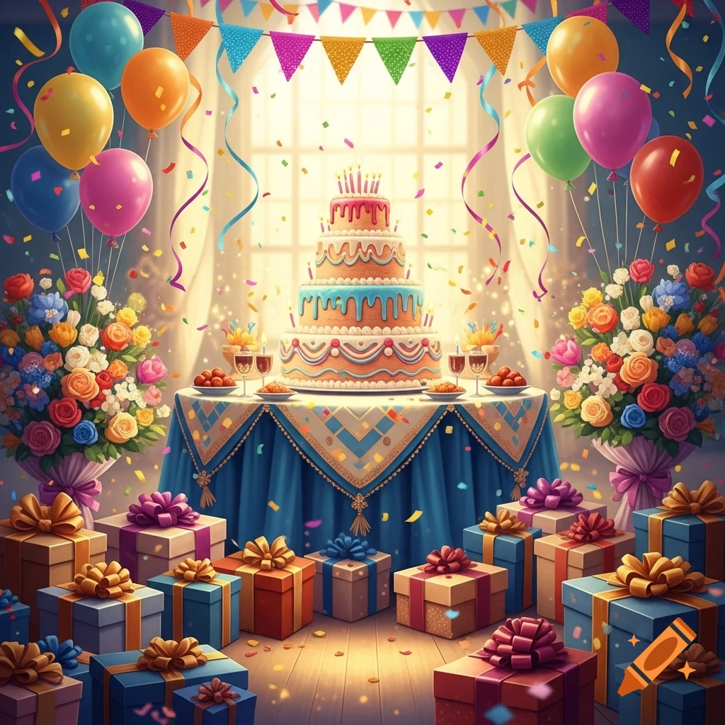 A vibrant birthday celebration scene with a multi-tiered cake, colorful ...