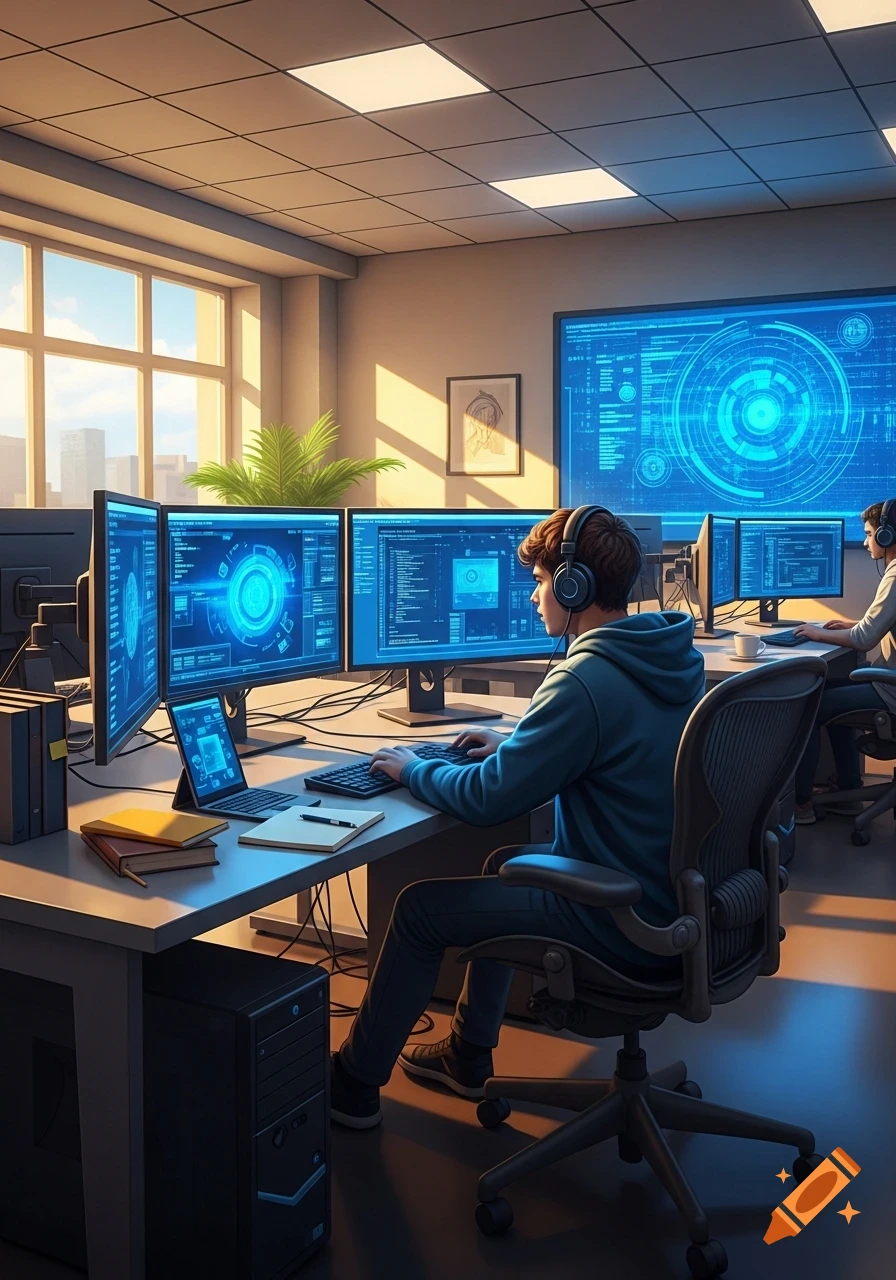 A person in headphones sits at a desk with multiple monitors displaying code and data, with a large screen on the wall in an office setting, photorealistic style.