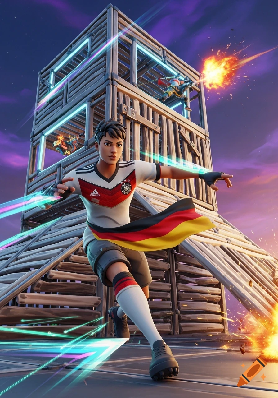 Fortnite character in a German football kit runs on a wooden build structure while explosions and other characters are in the background, against a purple sky.