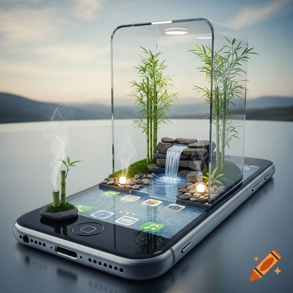 A miniature zen garden with a waterfall and bamboo on a smartphone screen, set against a serene lake and mountain landscape.