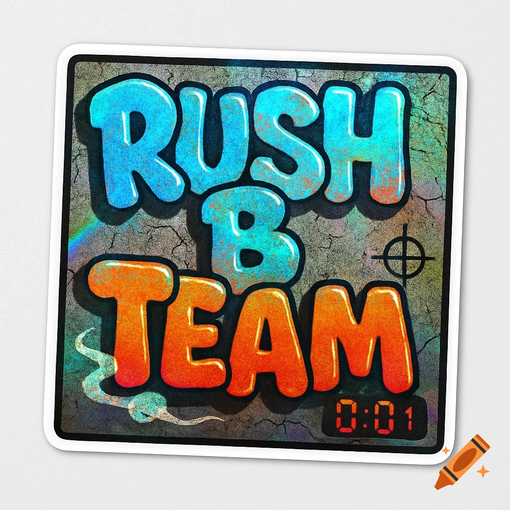Graffiti sticker with neon cyan 'RUSH B' and orange 'TEAM' bubble letters on a cracked wall texture, featuring a target and a digital timer '0:01'.