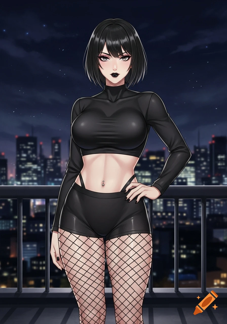 Anime woman with short black hair, black lipstick, a crop top, shorts, and fishnet stockings poses confidently on a balcony overlooking a city at night.