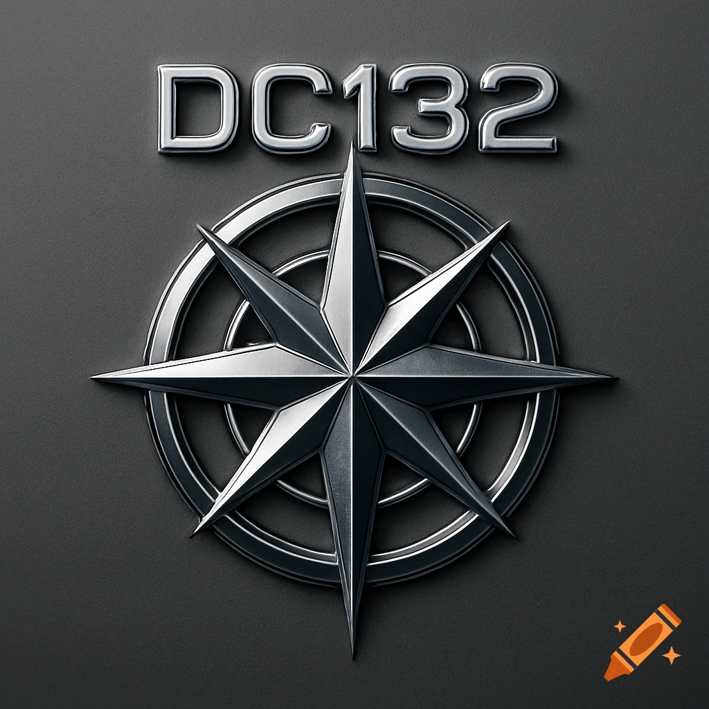 A metallic 3D logo with the text 'DC132' above a compass rose symbol on a dark gray textured background.