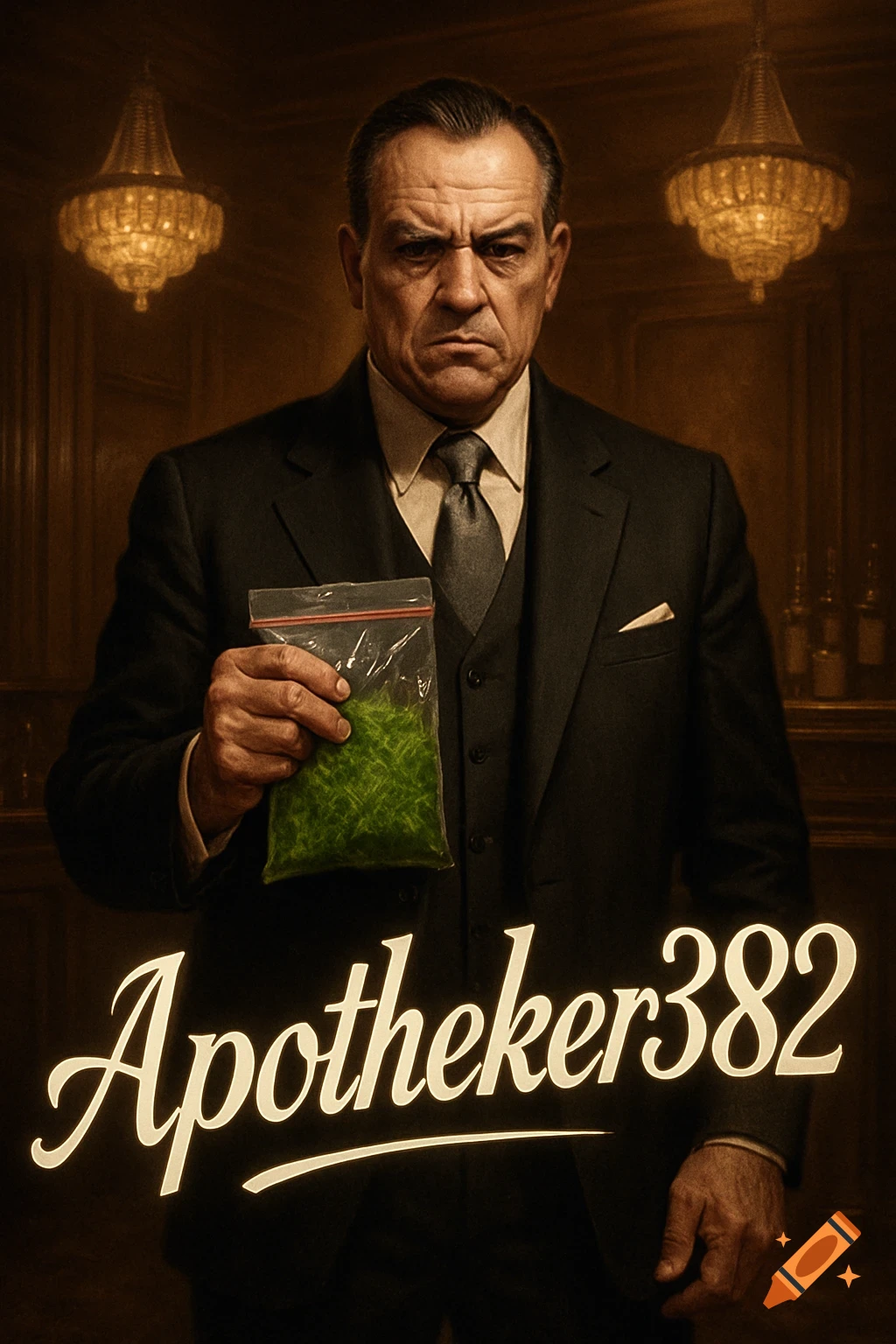 A serious-looking man in a suit holds a clear plastic bag of green leafy material, with 'Apotheker382' text below.