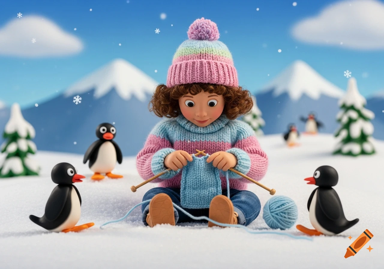 A doll-like girl knits in a snowy scene with Pingu characters, snow, and mountains, in a claymation style.