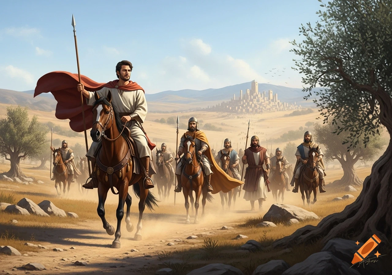 A man on horseback with a spear leads a group of men through a dusty desert with a walled city in the distance, illustrative style.