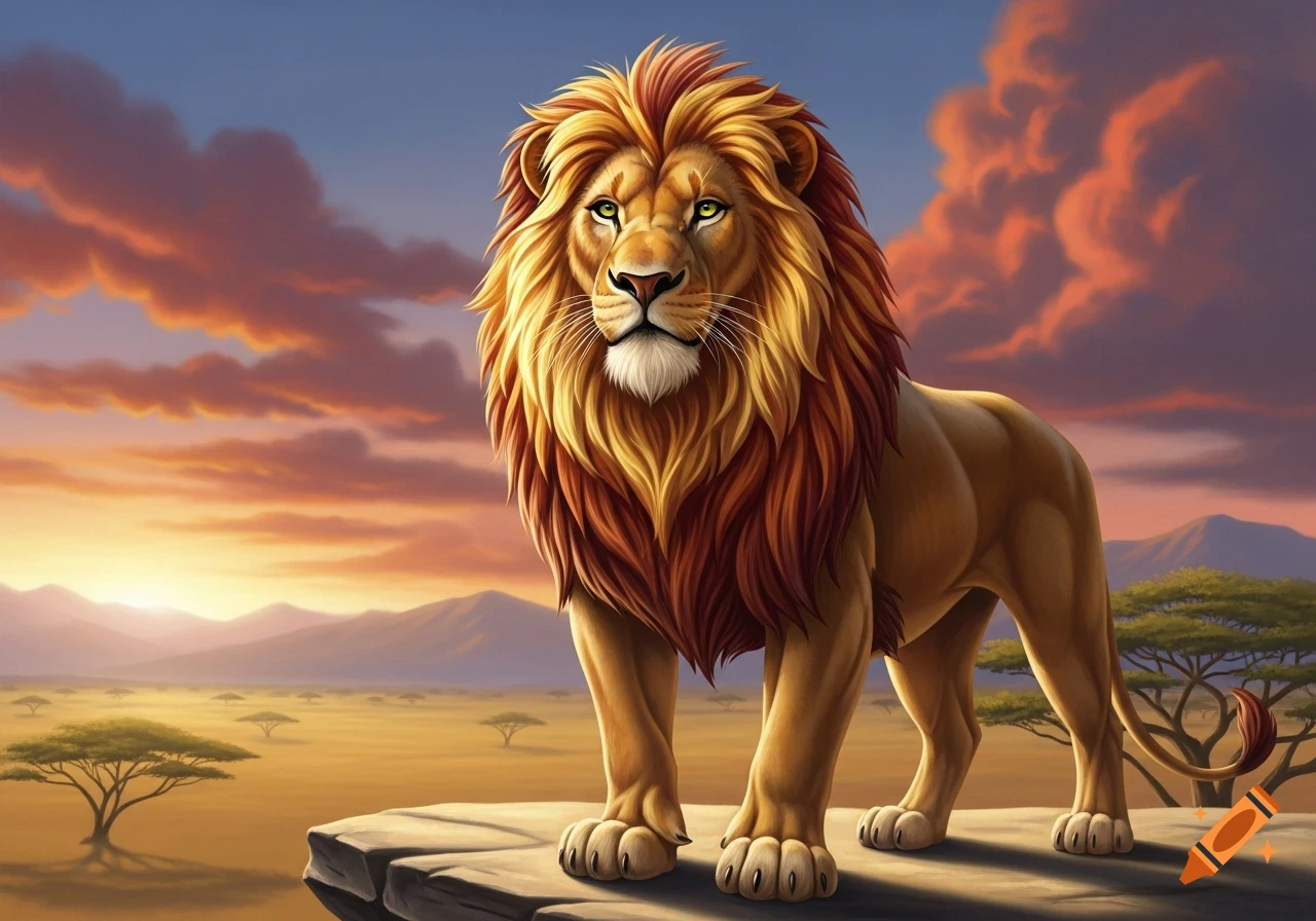 A majestic lion with a golden-red mane stands on a rock at sunset over a savanna landscape, in a fantasy art style.