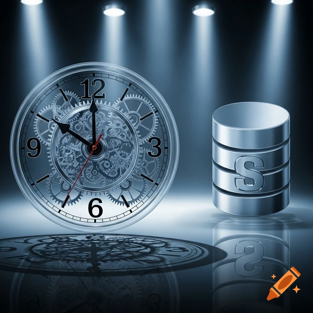 A metallic clock with visible gears and a cylindrical database symbol with an 'S', illuminated by spotlights and reflected on a dark surface.