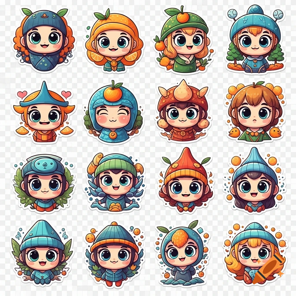 A grid of 16 cute chibi cartoon stickers featuring characters with big eyes and outfits related to oranges, mushrooms, and sea creatures.