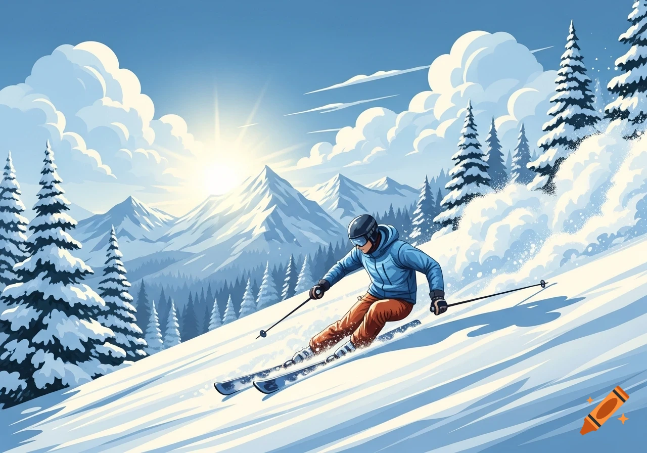 A stylized illustration of a person skiing down a snow-covered mountain with pine trees and sun in the background.