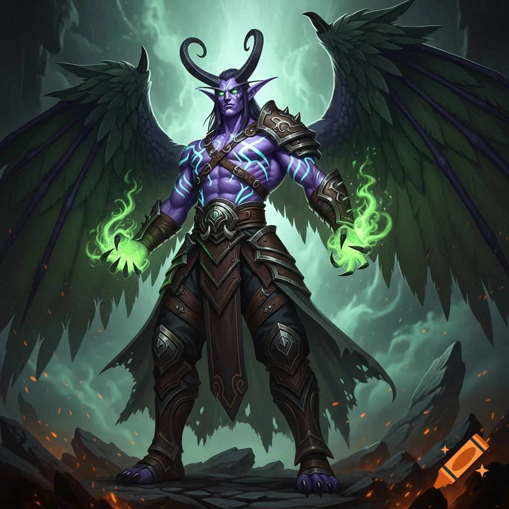 A muscular, purple-skinned demon character with large dark wings and horns, emanating green magic, stands in a fiery landscape.
