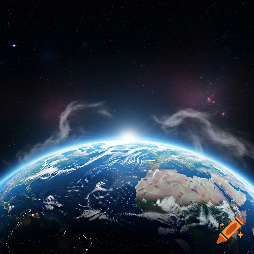 View of Earth from space, with a bright sun rising over the horizon, illuminating continents and oceans against a dark, star-filled sky.