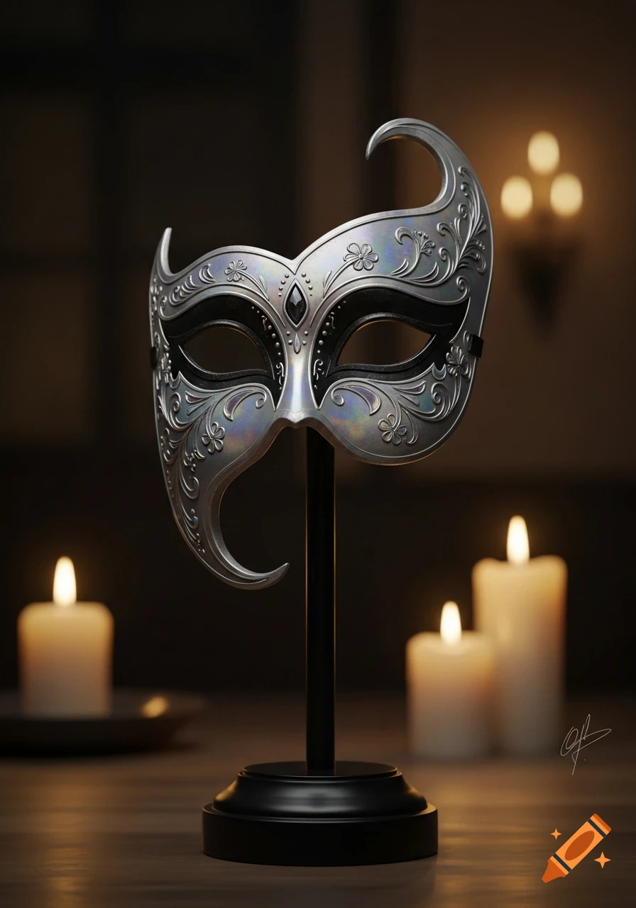 An ornate silver mask with intricate floral patterns sits on a black stand, lit by soft candlelight.